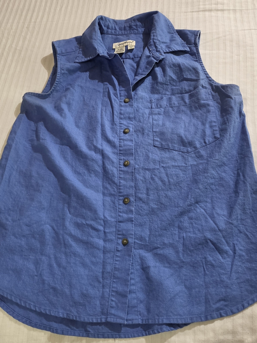 Eddie Bauer Women Top LRG Blue Button Up Cotton-Linen Sleeveless Collar Pocket